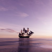 Pirate ship sailing on the ocean at sunset. Retro adventure
