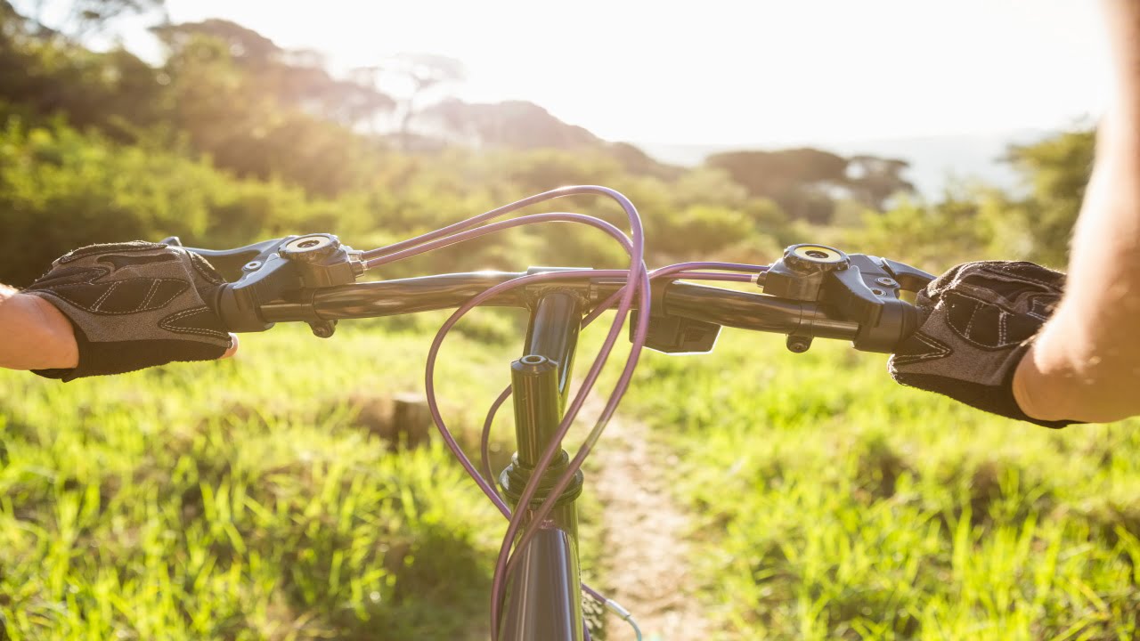 Woman mountain biking and holding handlebars in the nature